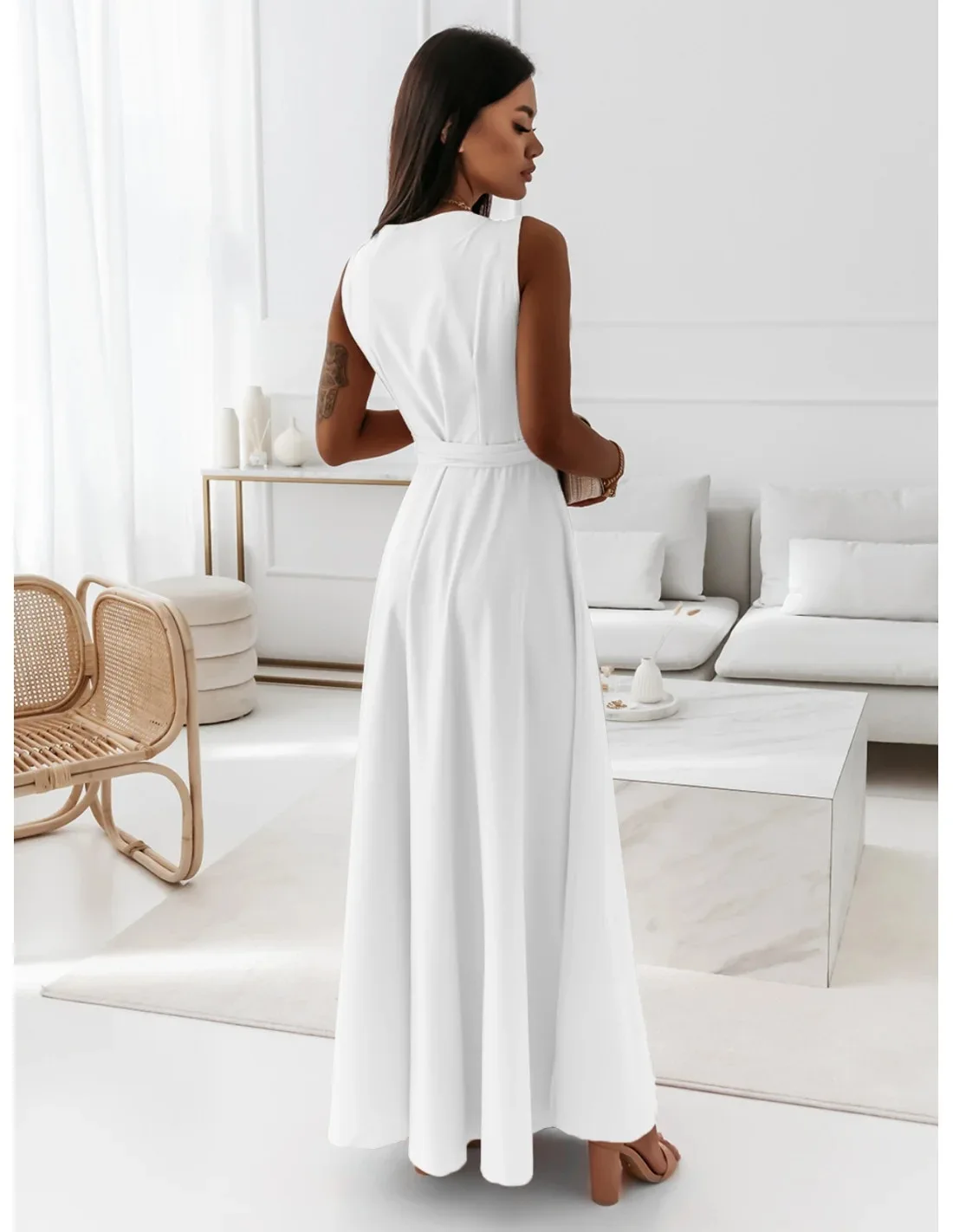 2025 Dresses For Women White Sleeveless Sexy Loose V Neck Solid Color Long Dresses Elegant Party Evening Robe Vestidos