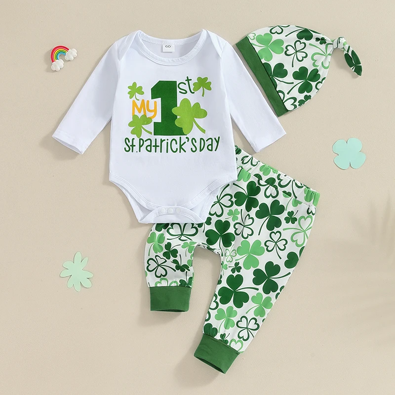 

2023-11-25 Lioraitiin 0-12M Baby Boy Irish Outfit Shamrock Print Long Sleeve Rompers and Elastic Pants Beanie Set Spring Clothes