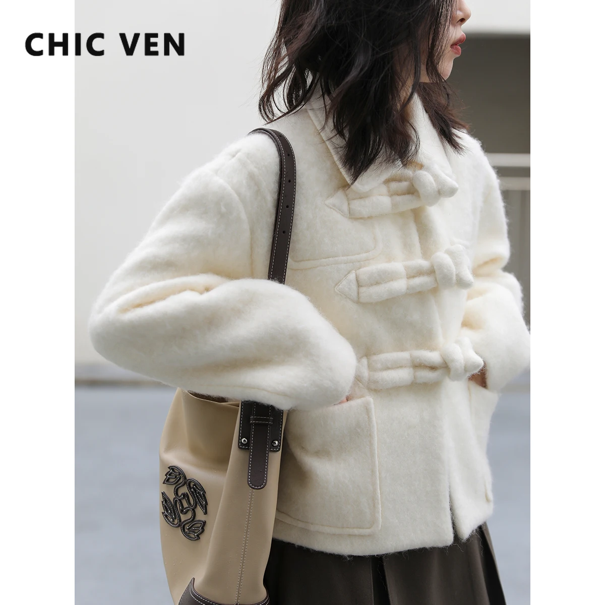 

CHIC VEN Fashion Women Woolen Coat New Chinese Button Short Coat Small Office Lady Jackets Autumn Winter 2023
