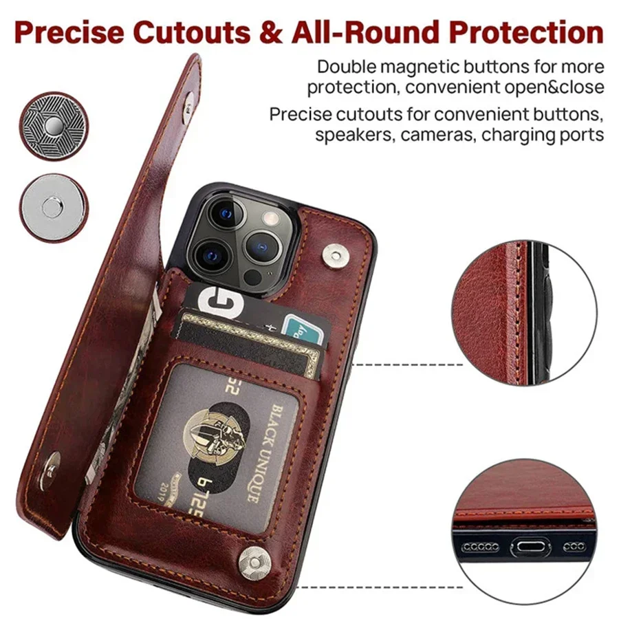 Leather iPhone Case Retro Wallet Flip Case Multi Card Slot Holder Cover For iPhone 16 Pro Max 15 Plus 14 13 Mini 12 11 X XR XS Max SE3 2 8 7