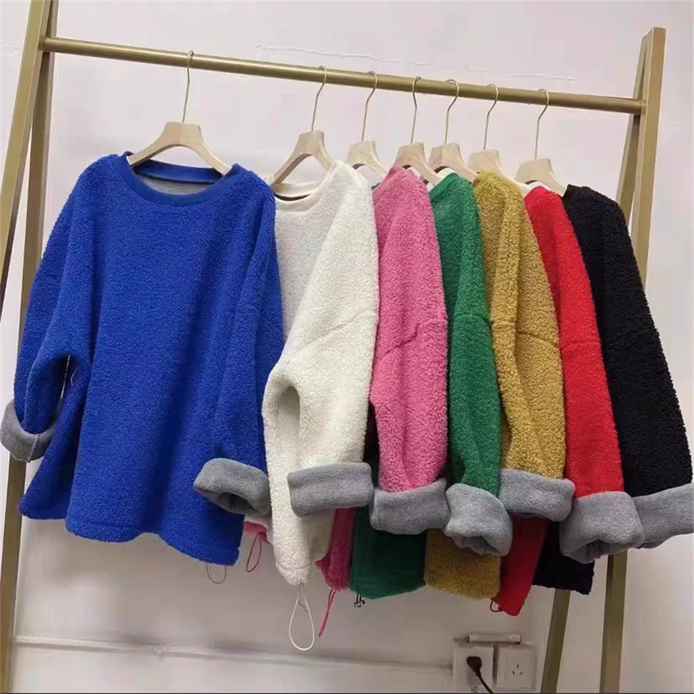 Lamb Wool Hoodie Jacket for Women's Autumn  Winter New Korean Version Loose  Versatile, Plush and Thick Solid Round Neck Top