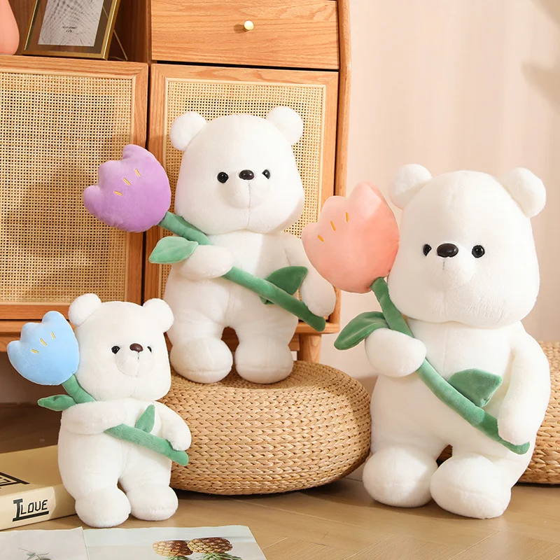 Kawaii Tulip Bear Plush Toy Lovely Stuffed Animals Bears Hug Flowers Plushies Doll Cute Soft Kids Baby Toys for Girls Room Decor 3 sheets pack stickers flowers and letters retro literature art plants daisy tulip handbook pet film material stickers