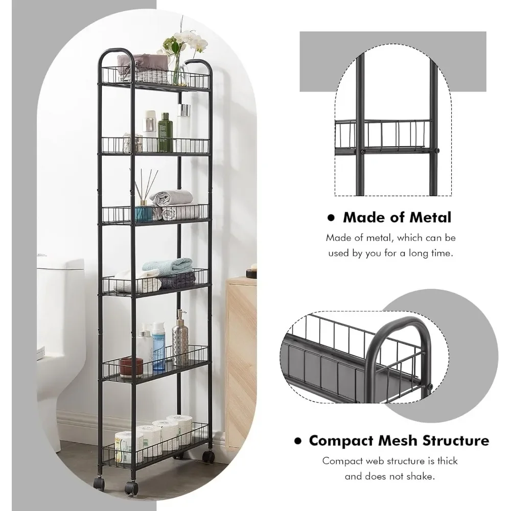 6 Tier Slim Storage Cart with Wheels, Metal Mobile Shelving Unit Organizer Utility Cart for Kitchen Laundry Room Narrow Places 4