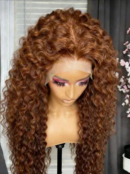 Chocolate Brown Deep Wave 13x4 HD Lace Frontal Wigs Human Hair Transparent Pre Plucked 250% Density Water Wave Lace Frontal Wigs 1