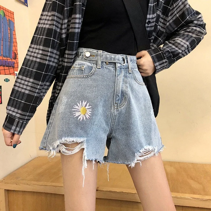 Irregular Preppy Solid Streetwear Wide Leg Jeans Shorts 2021 Summer Women Sweet High Waist Diasy Embroidery Blue Denim Shorts