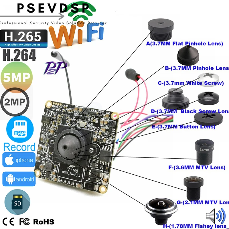 Мини Wi-Fi 2 МП 1080P 5 Мп HD P2P размер 38*38 мм аудио Беспроводная IP-камера модуль слот для