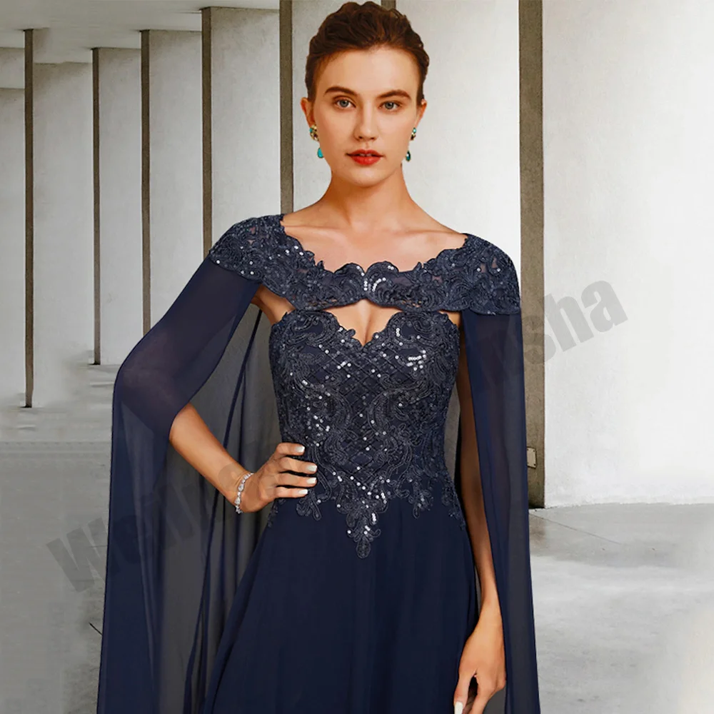 Navy Blue Mother of The Bride Dress with Chiffon Cape Sparkling Sequin Applique A Line Wedding Guest Dresses Evening Gown
