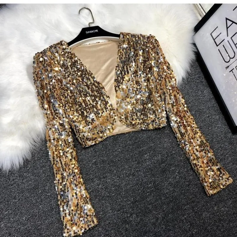 

2024Women's Autumn and Winter New Fashion Elegant Solid Color V-neck Sequin Versatile Long Sleeved Slim Fit Short Suit Jacket