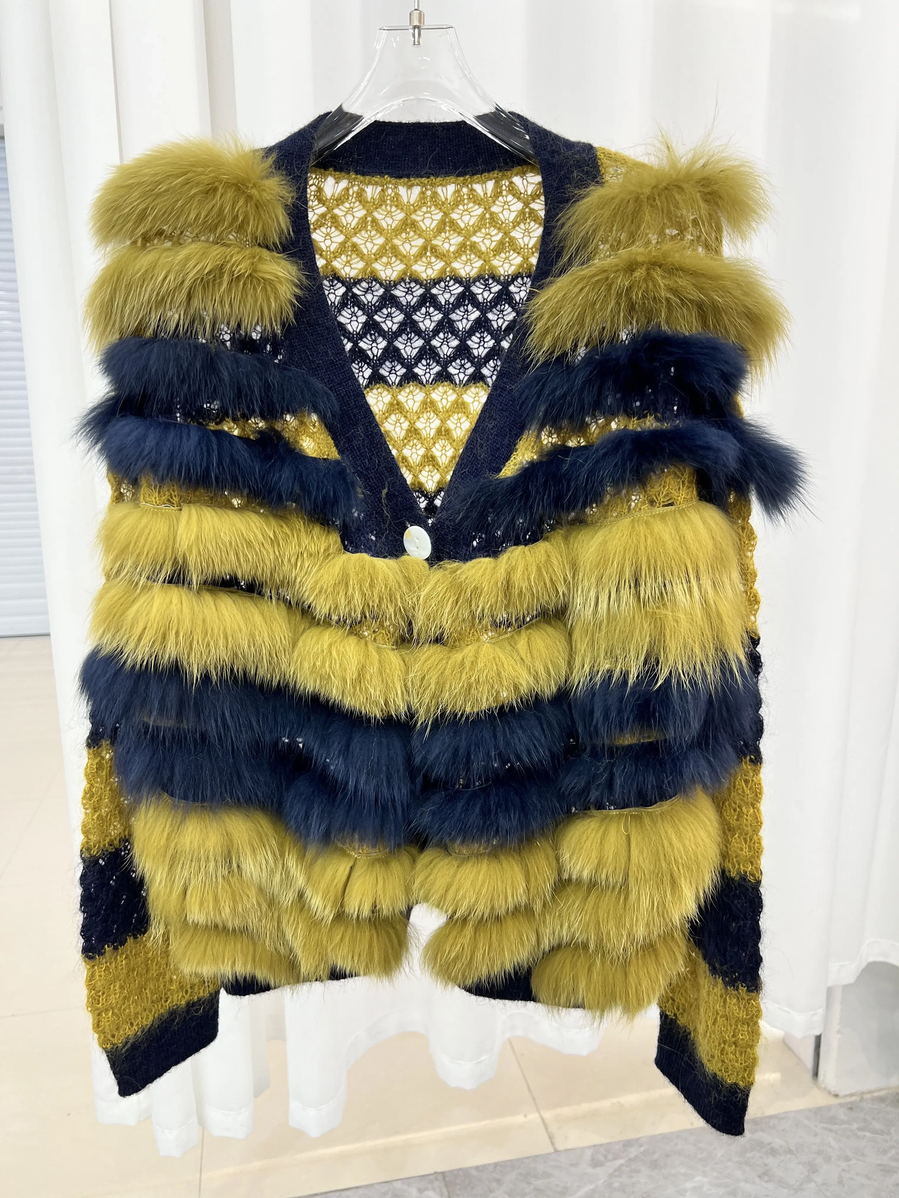 

2023 Knitted Sweater Autumn Winter Women's Clothing Big V-neck Color Fox Hair Single Breasted Cardigan Ladies Style Loose Coat