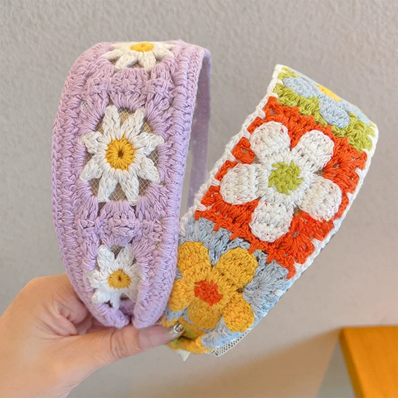 Wide Crochet Hair Hoops Headband Ladies Flower Sweet Headwear Bezel Hair Band Fashion Knitting Hair Accessories Head Hoops