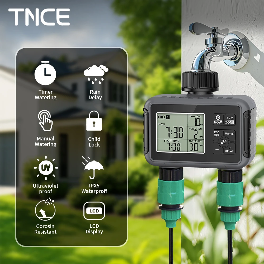 Temporizador de agua TNCE de 1/2 vías para manguera de jardín, temporizador de aspersor de salida simple/doble, válvula programable de retardo de lluvia para grifo de césped de patio