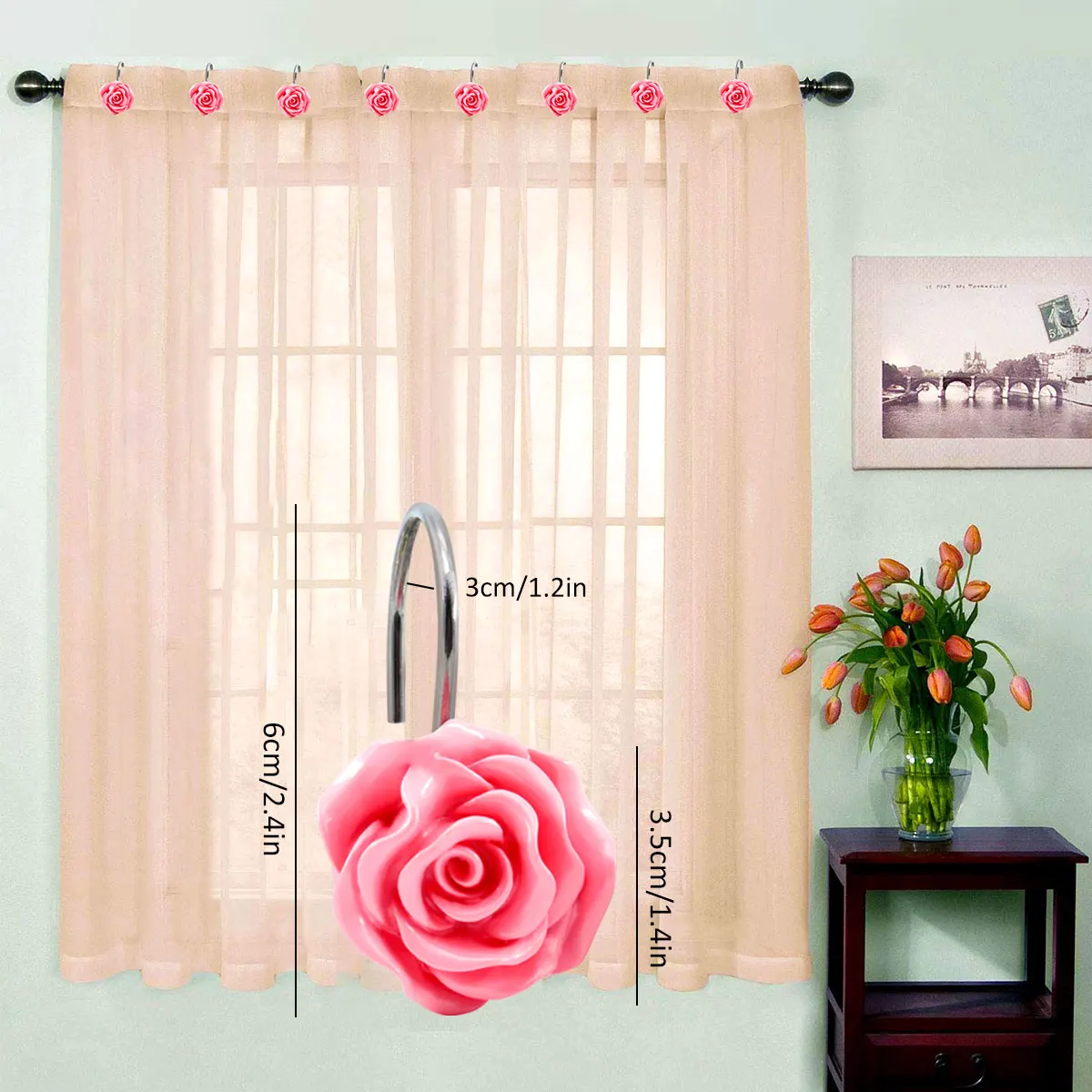 Shower Curtain Hooks Resin Rose Flower Decorative Rings Bathroom Baby Room Bedroom Living Room 12Pcs