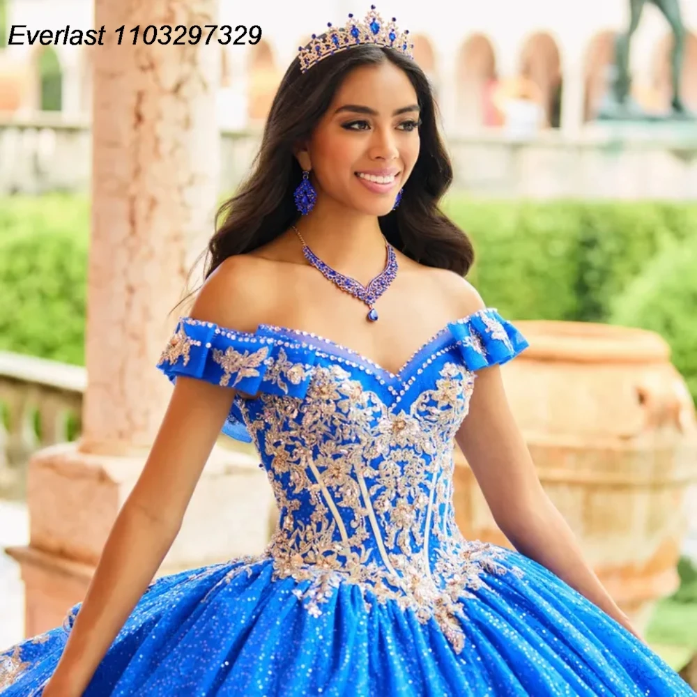 Royal Blue Quinceanera Dress Ball Gown Gold Lace Applique Beading Corset Sweet 16 Vestido De 15 Anos EVLAST QD1071