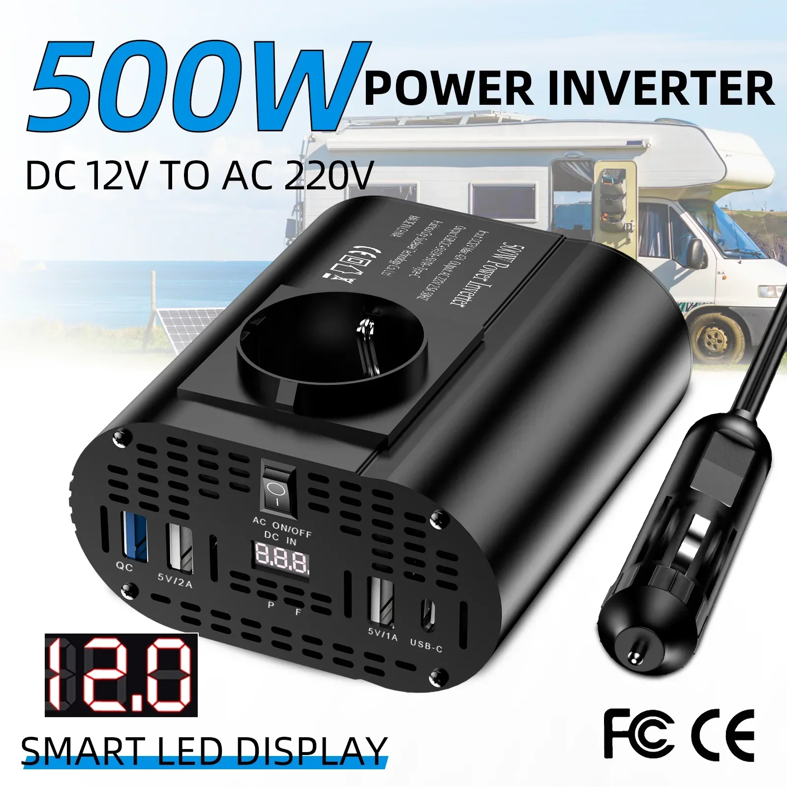 Car inverter 400W/500W/1500W Car inverter DC 12V to AC 220V converter 3USB 2.0 and 1USB QC3.0 European standard socket