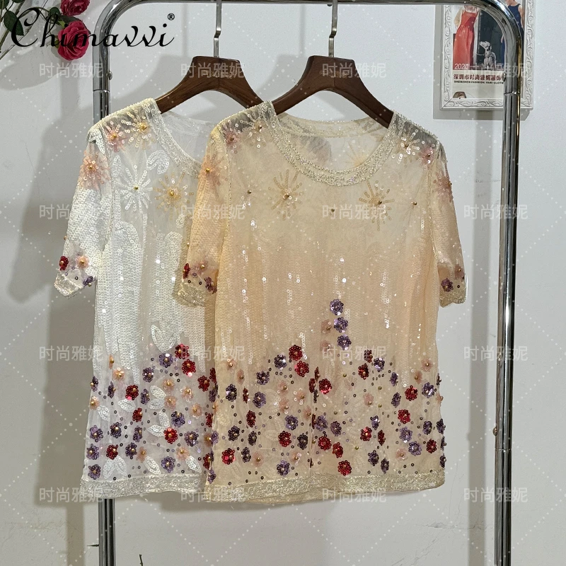 

Женская футболка с коротким рукавом, блестками и круглым вырезом