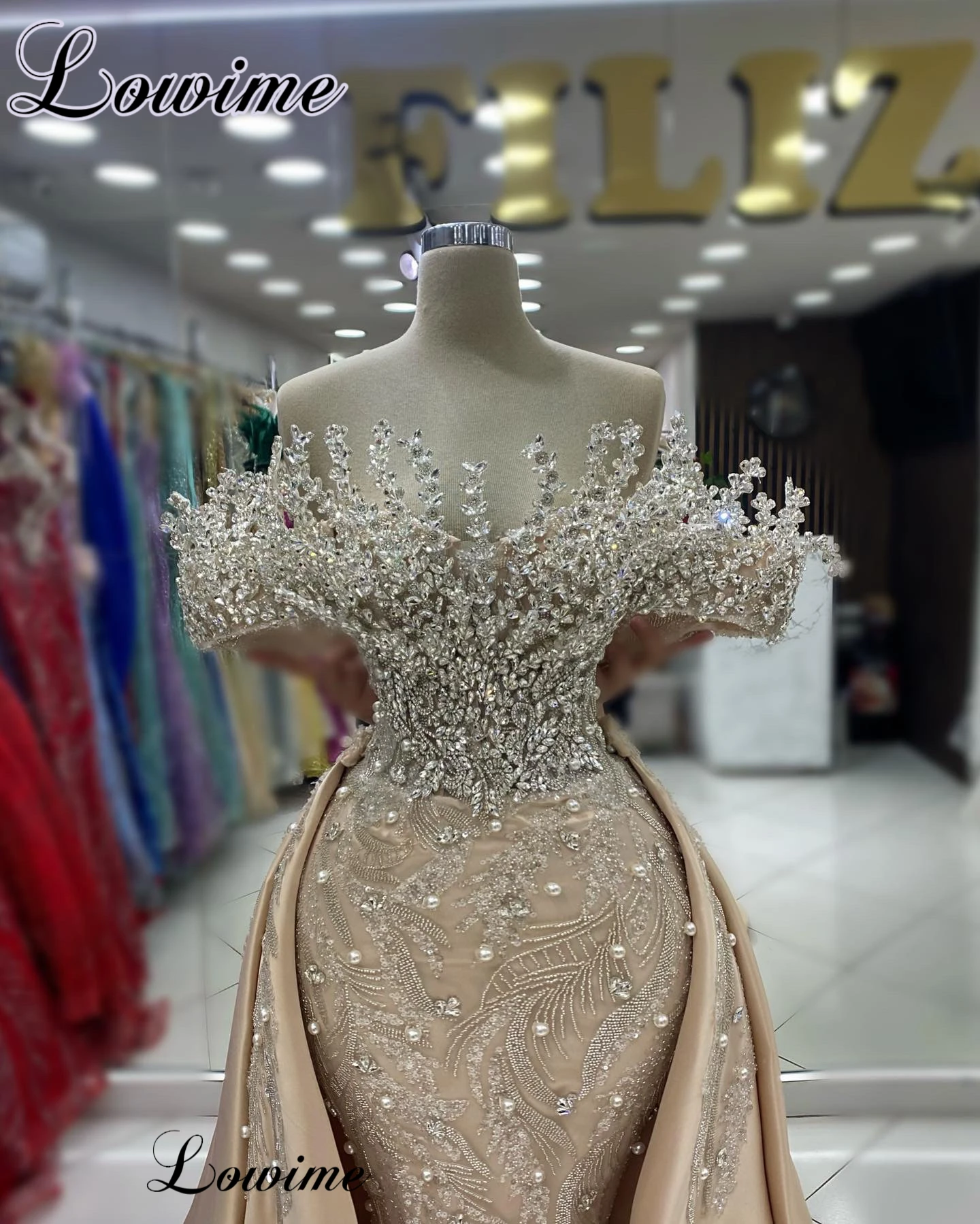 Two Pieces Champagne Celebrity Dresses With Detachable Train Off Shoulder Crystals Evening Dresses Luxury Vestidos De Gala womens dress