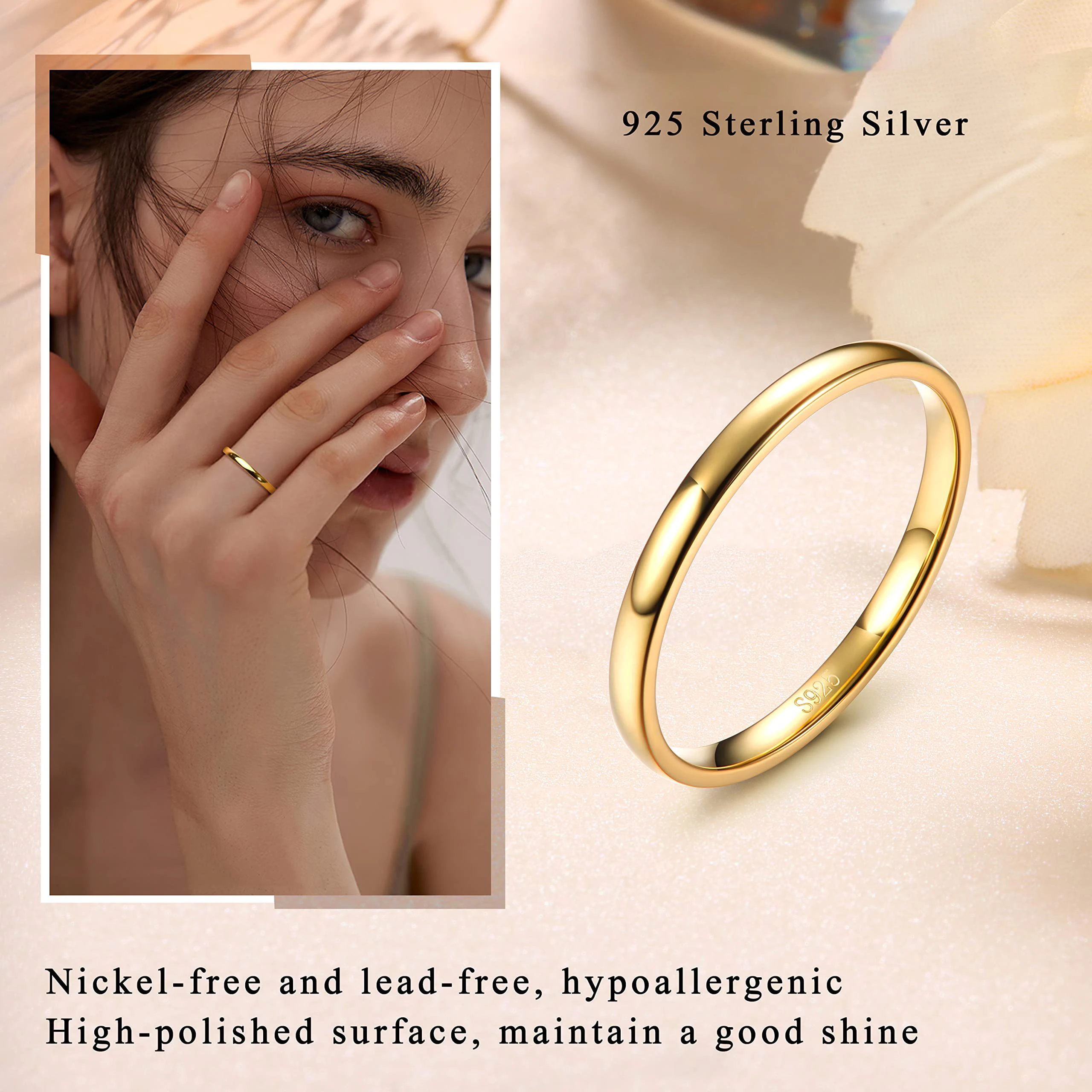 Elegant 18k Gold Plated Sterling Silver Band Rings - High Polish Stackable Wedding Bands
