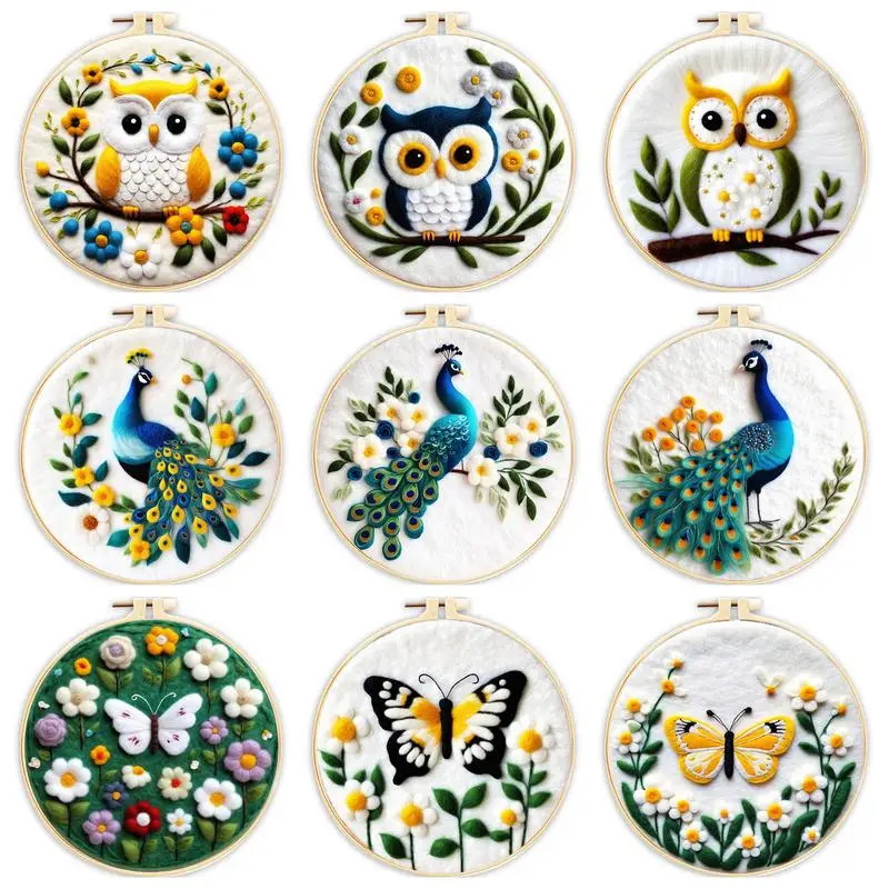 CHENISTORY Wool Felting Painting Kit Owl, Peacock, Butterfly Embroidery Diy Felt Crafts Package Felt Needle Handwork Home Decor