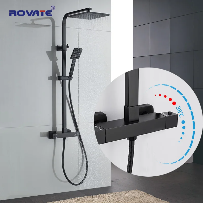 ROVATE Matte Black Thermostatic Shower System Wall Mounted Dual Function Bathroom Constant Temperature Faucet Combo Set shower set