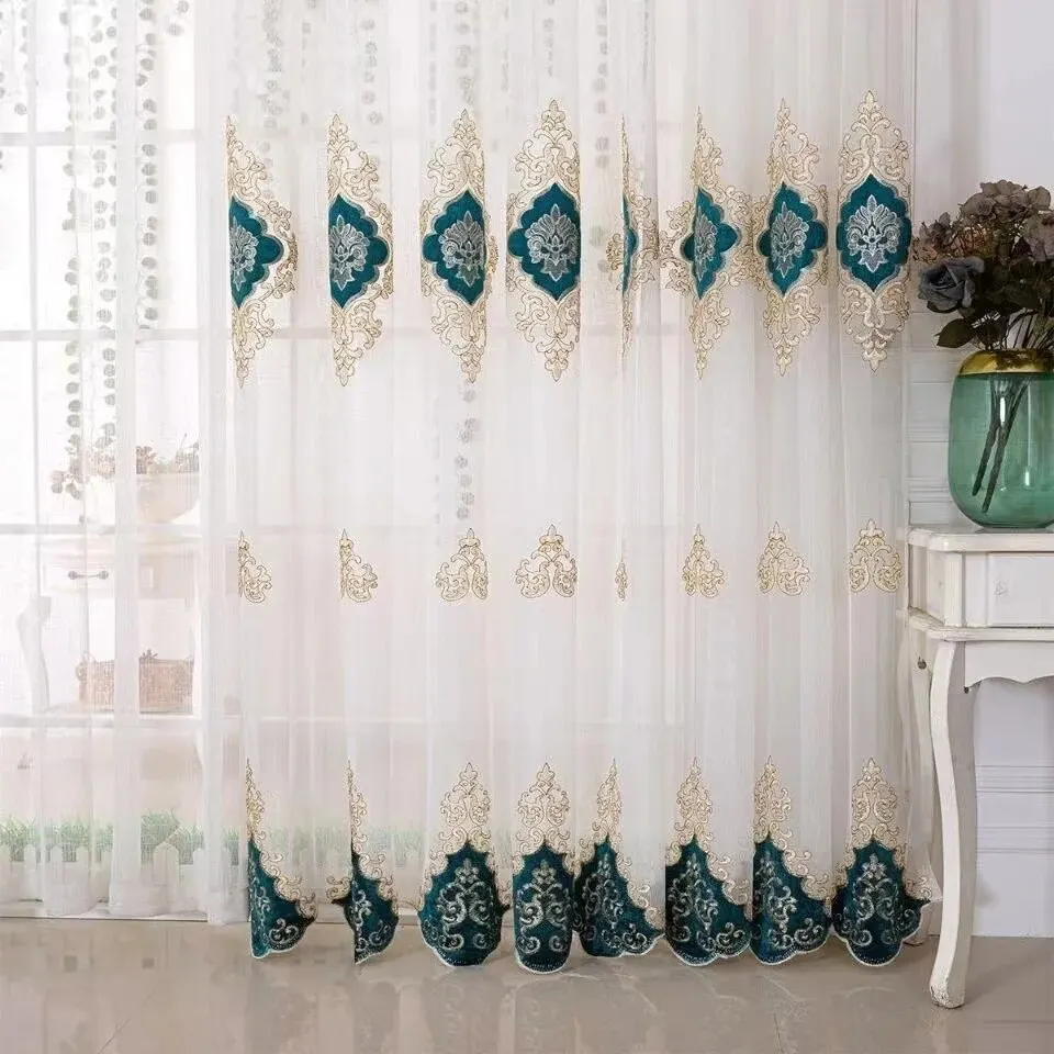 Elegant European Peony Embroidered Sheer Tulle Curtains