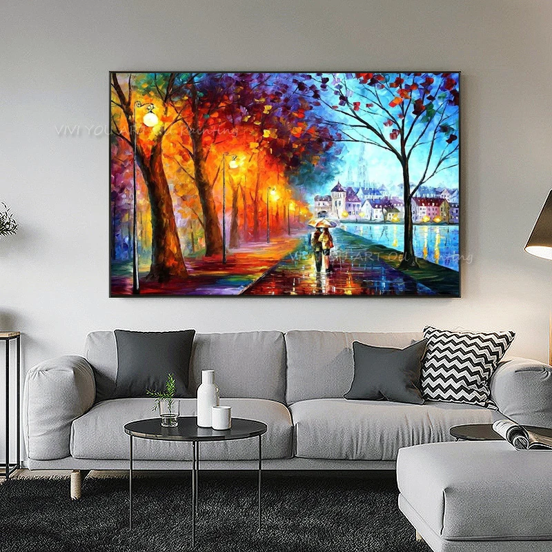 

100% Handpainted Leonid City Couple Umbrella Oil Painting Unique Gift On Canvas Home Decor Wall Pictures For Living Room