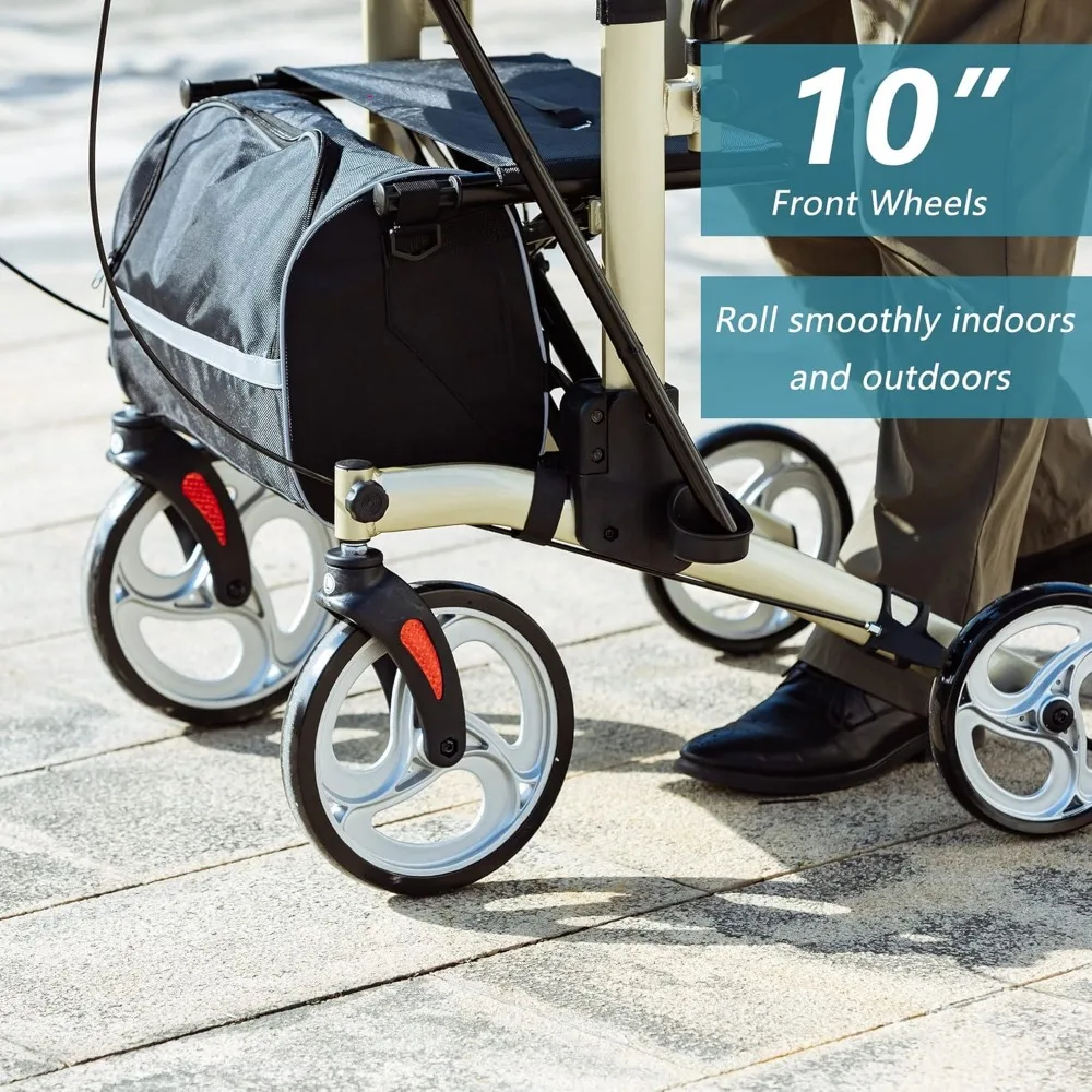 Upright Walker, Stand Up Folding Rollator Walker with  Front Wheels Backrest Seat and Padded Armrests(Champagne) 5