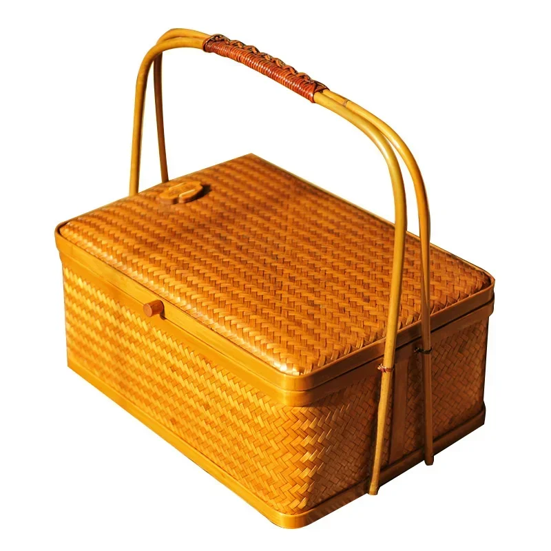 

Retro Bamboo Weaving Large Wicker Basket Square Double Layer Storage Basket Tea Storage Box Packaging Art Product Basket