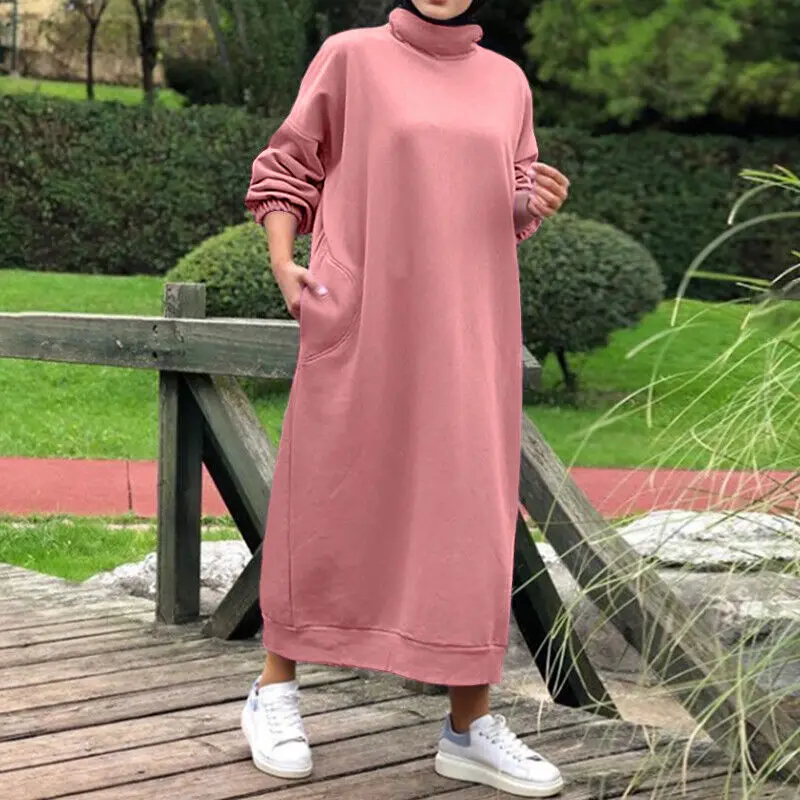 Muslim Abayat Dress for Women, High Neck, Long Bodysuit, Monochromatic, Casual, Warm, Autumn, Winter, New, 2022