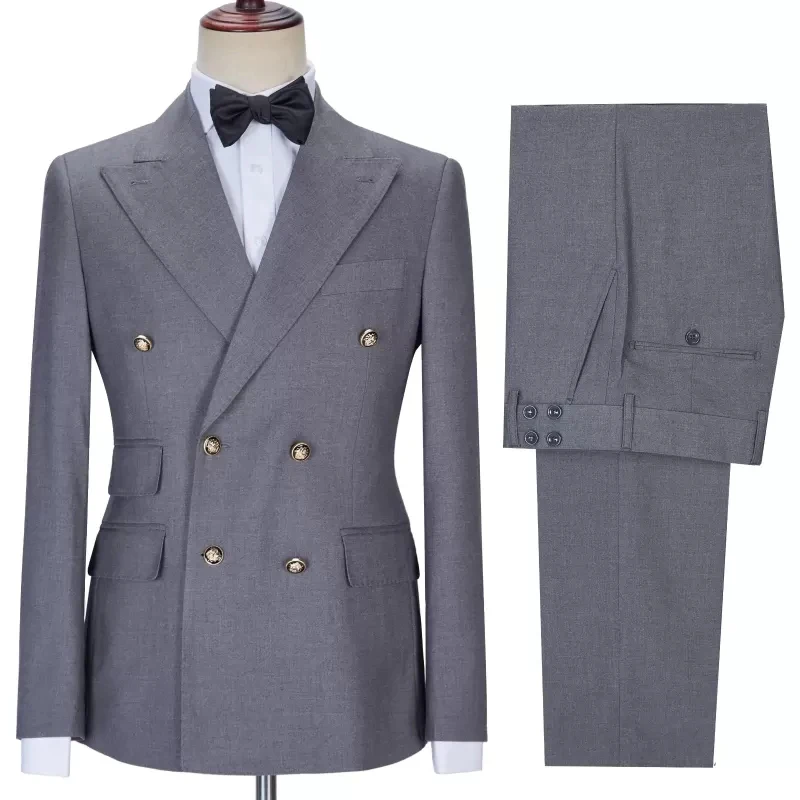 

Solid Color Tailor-made Men's Suits Double Breasted Peaked Lapel Flat Casual Full Set Loose 2 Piece Jacket Pants Wedding Party