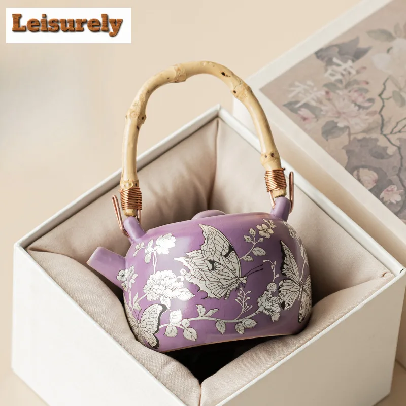 210ML Gilt Silver Butterfly Flower Lifting Handle Teapot Elegant Tea Infuser Pot Tea Making Kettle With Ball Hole Teaware Craft