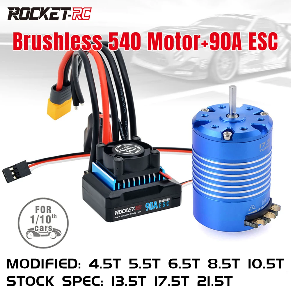 

ROCKET-RC 4.5/5.5/6.5/8.5/10.5/13.5/17.5/21.5T 540 Sensored Brushless Motor 90A ESC Combo for 1/10 RC Car Truck Upgrade Parts