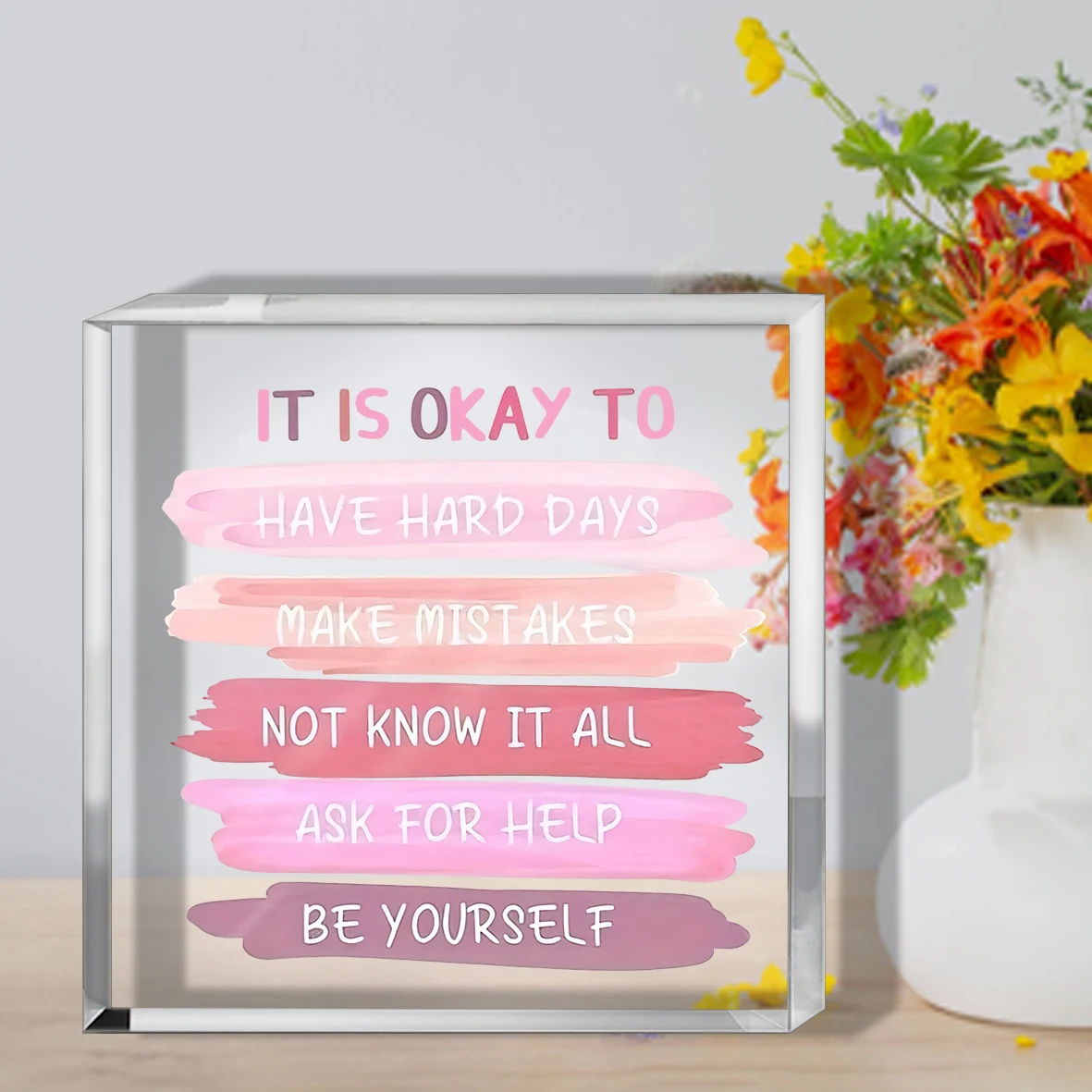 1pcClear Freestanding Quote Sign, Pink Brushstroke Affirmations For Desk, Study Or Counseling Room | Home Decor, Teacher Gifts, 3