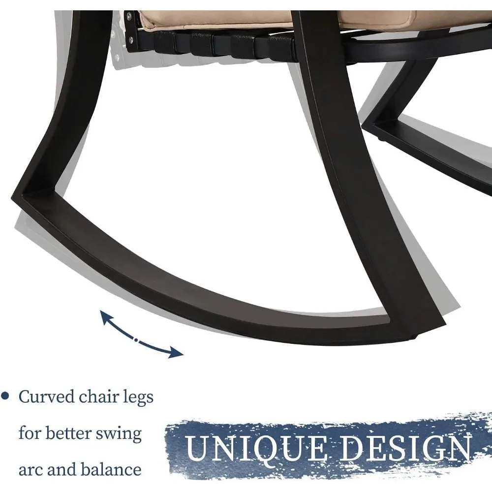 Outdoor Furniture 3 Piece Conversation Bistro Set Rocking Chairs and Glass Top Table, Thick Cushions, Black Steel 5