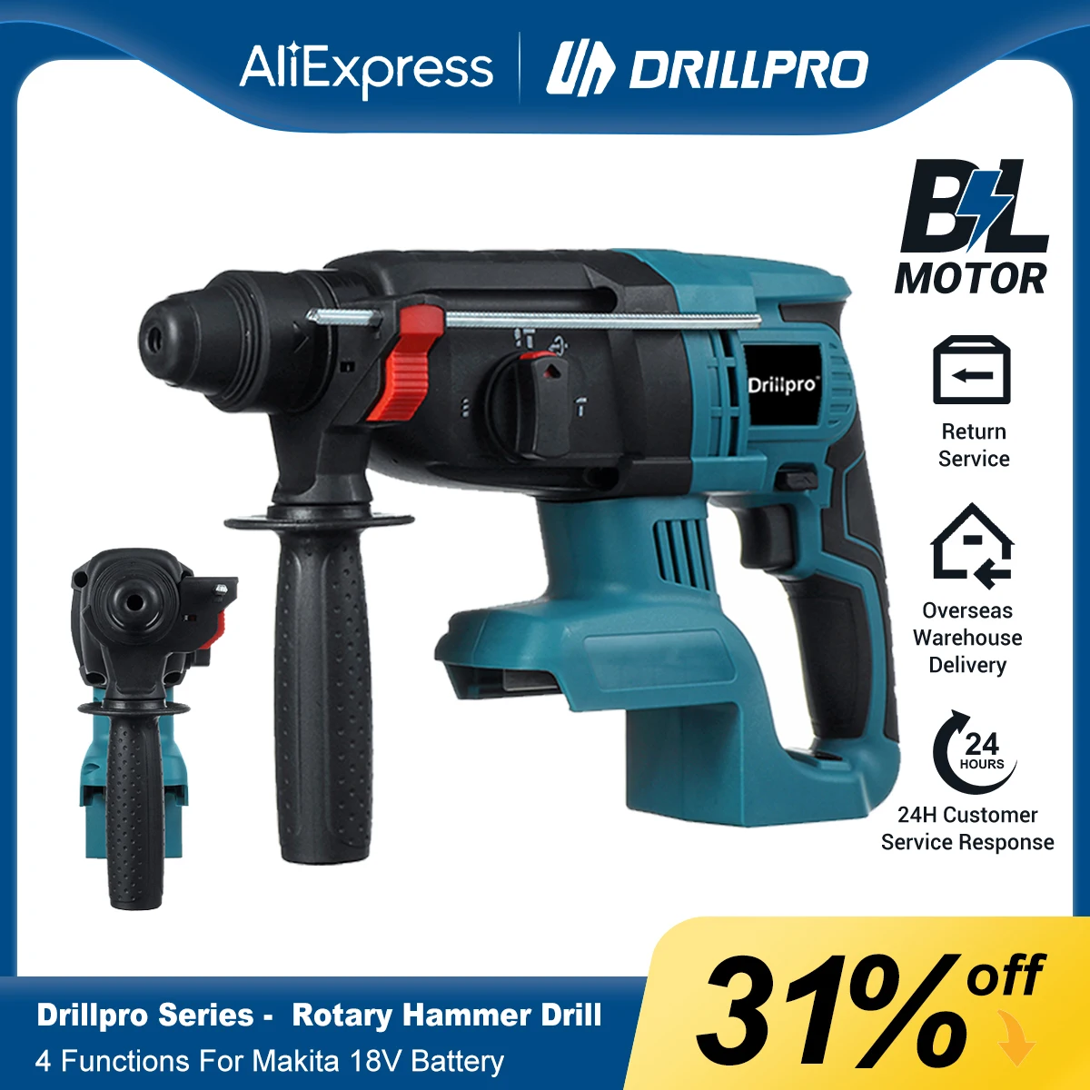 Drillpro 18V 4 Functions Electric Cordless Rotary Hammer Drill Rechargeable Hammer 27mm Impact Drilll For 18V Makita Battery