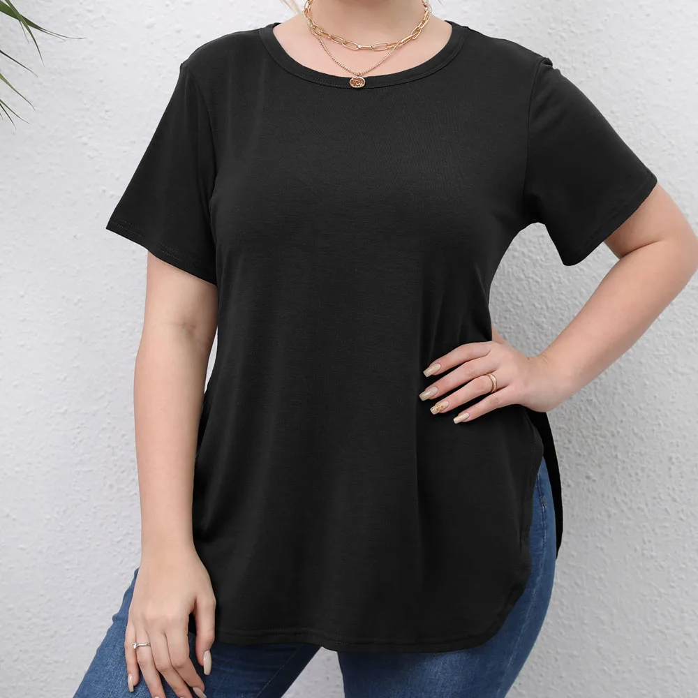 Pink Black Round Collar Short Sleeve Loose Tshirt for Women