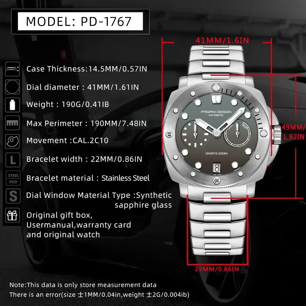 PAGANI Design Men Automatic Mechanical Watches Diver Watch For Top Brand Luxury 200M Waterproof AR Sapphire Watch for Men PD1767