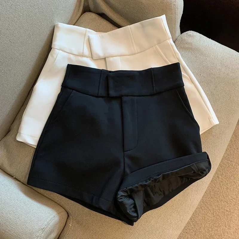 Elegant Suit Shorts Women Solid High Waist Wide Leg Shorts Office Lady Korean Fashion Black White Simple All Match Short Pants