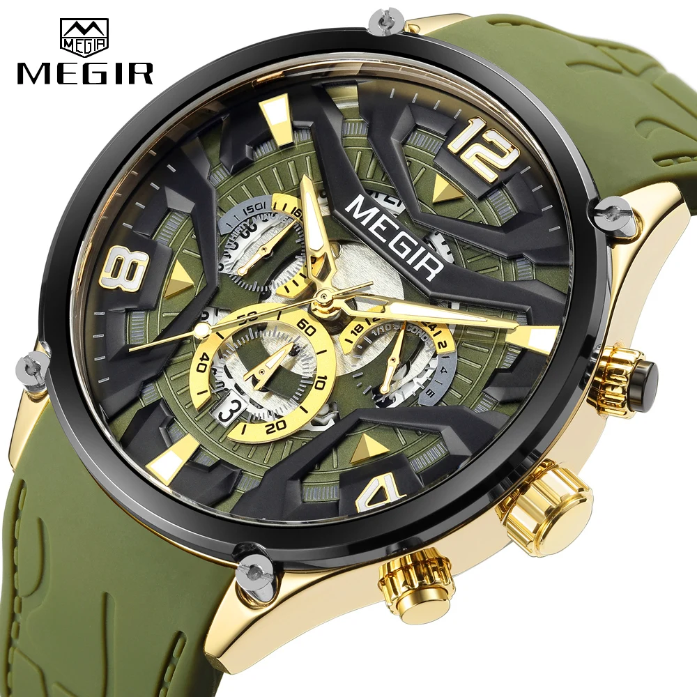 MEGIR ArmyGreen Silicone Strap Quartz Watch for Men Fashion Chronograph Luminous Sport Wristwatch Male with Auto Date 24-hour