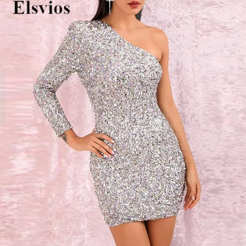 

2024 Elegant Slash Neck Party Dresses Sexy Female Sequins Shinny Glitter Dresses Fashion Women One Shoulder Bodycon Club Dress