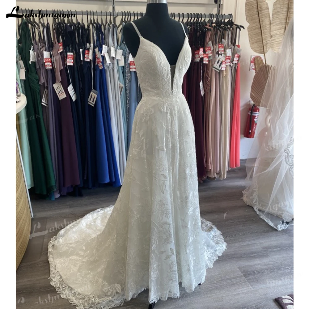 Lakshmigown Spaghetti Straps Vintage Lace Wedding Dress With V Neck Bride Dress Tulle Beach Bridal Gown trouwjurk