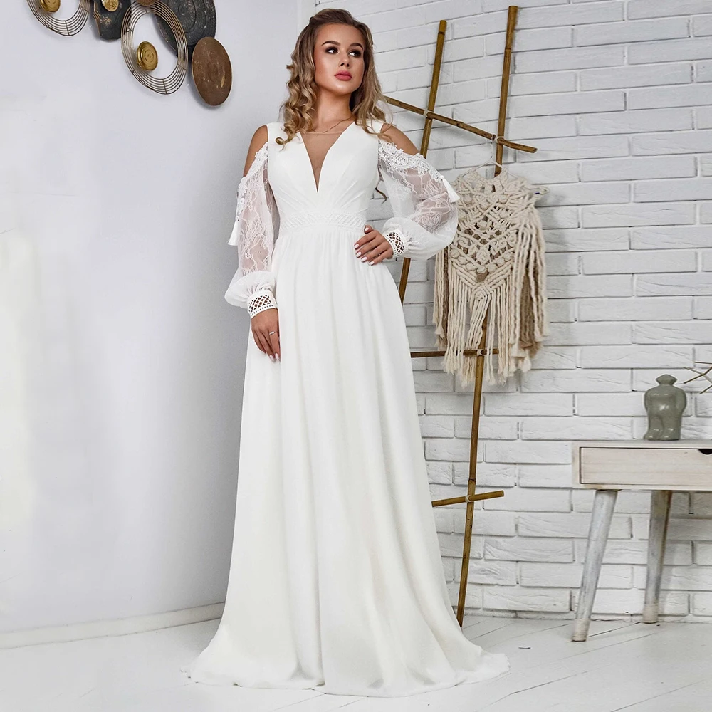 

Weilinsha шикарные кружевные свадебные платья с открытыми плечами и длинным рукавом для женщин 2023 элегантные иллюзионные платья для невесты с V-образным вырезом