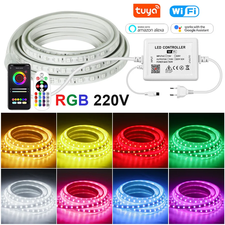 

220V RGB Smart LED Strip Light 4Pin 60LEDs/M WiFi Tape Voice Control Waterproof Outdoor Garden Decoration with Dimmer Remote