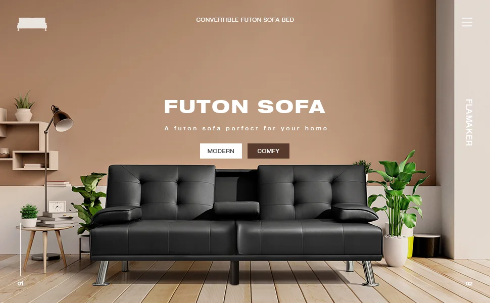 Description Picture 2 of itemFuton Sofa Bed, Modern Folding Futon Set, Convertible Lounge Chair, with 2 Cup Holders and Detachable Armrests