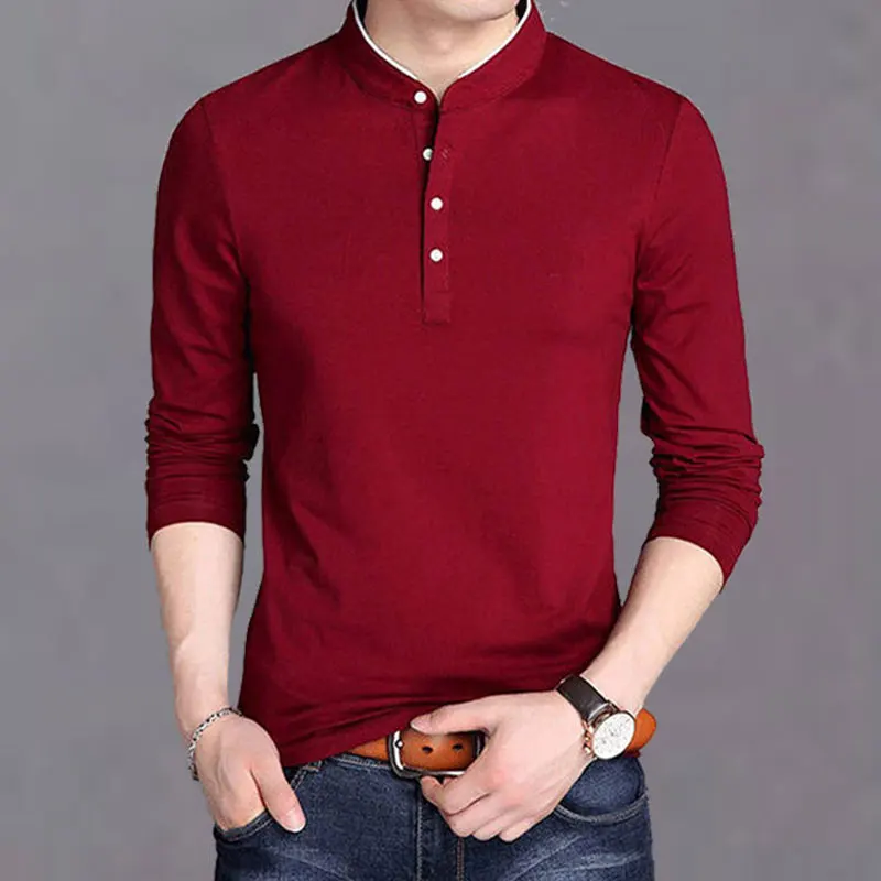 

Spring Autumn Men's Clothing Long Sleeve T-shirt Solid Color Stand Collar Slim Tops Thin Sweatshirts Casual All-match Commute
