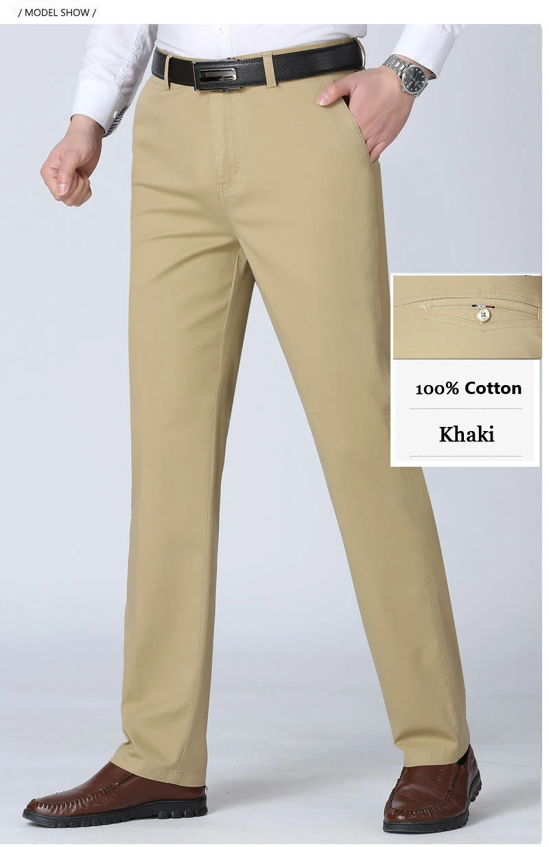 Herren Frühling Herbst 100% Baumwolle Business-Hose für Mittelalter, Gerade Geschnittene Hose mit Hoher Taille, Dünne und Dicke Freizeithose für Männer – Detail 10