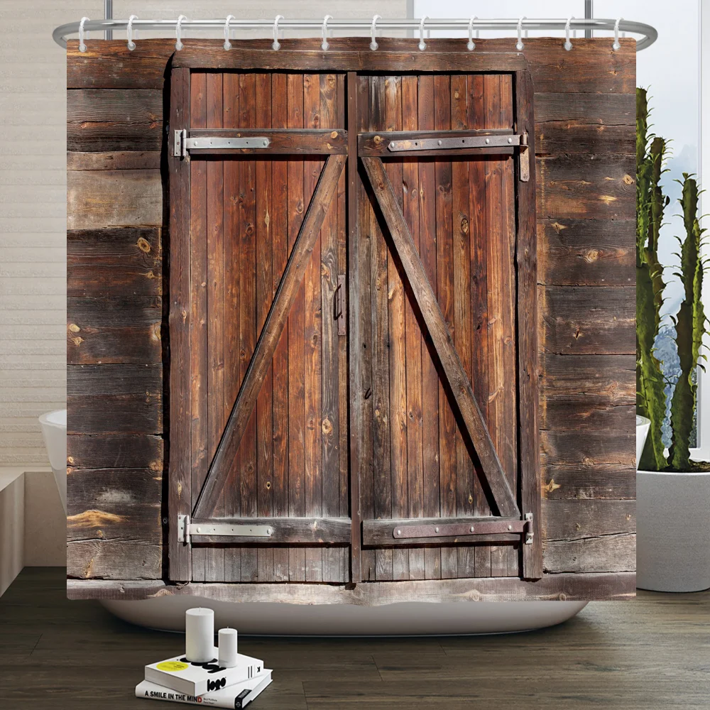 

Barn Wood Panel Wooden Door Shower Curtain Vintage Rustic Bathtub Partition Brown Wood Panel Fence Bathroom Decorative Hooks