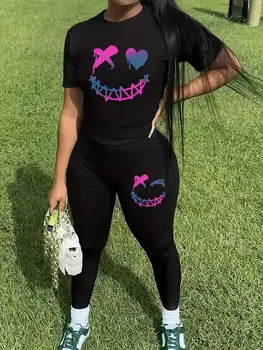 Ladies' two-piece set including a casual smiley printed round-neck short-sleeved T-shirt and a tight printed pants 1