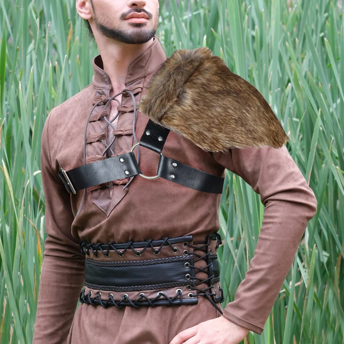 UYEE Man Medieval Viking Fur Wrap Drape Shawl Barbarian Shoulder Cowl  Mantle with Chest Belt Fur Capelet for Viking
