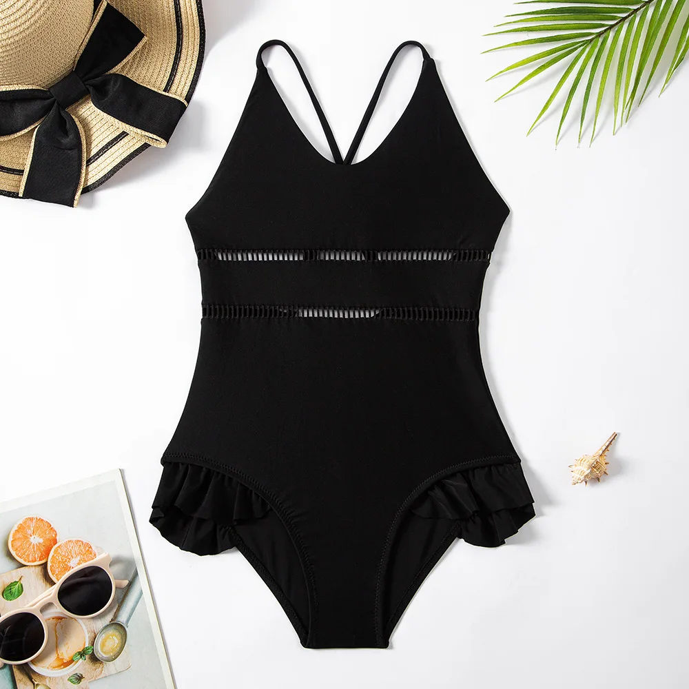 

New Black One-piece Swimsuit for 5-12 Years Girls Fashion hollow out Swimming Suit High quality Summer Beachwear Swimwear