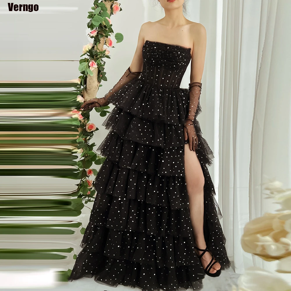 

Verngo Black Starry Tulle Prom Dresses A-line Strapless Sleeveless Evening Party Gown Tiered Split 2024 Formal Occasion Dress